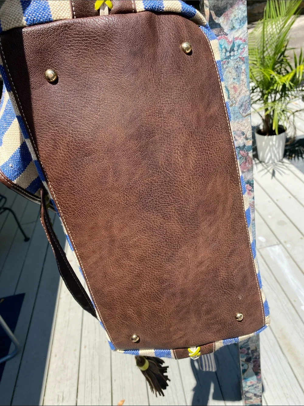 Steven By Steve Madden Blue and Cream Striped Tote with Brown Trim