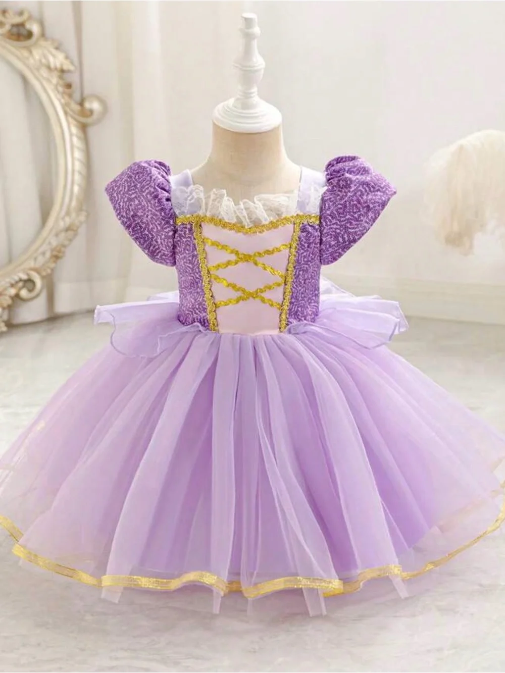 Lavender Princess Kids Costume Dress with Gold Trim