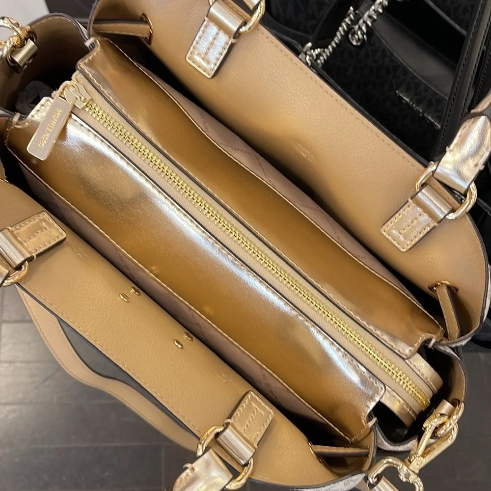 MICHAEL KORS  Reed Large Central Zip Graphic Logo Belted Satchel Pale Gold  NWT