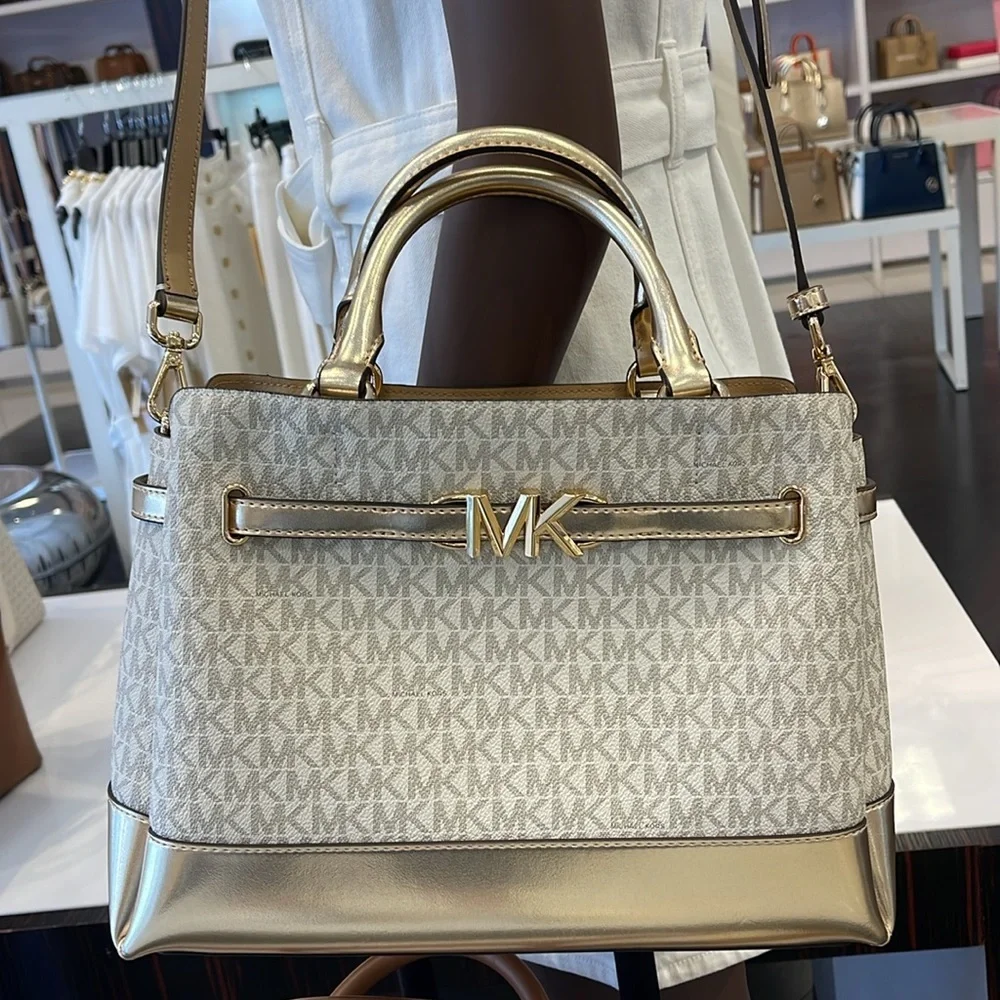 MICHAEL KORS  Reed Large Central Zip Graphic Logo Belted Satchel Pale Gold  NWT