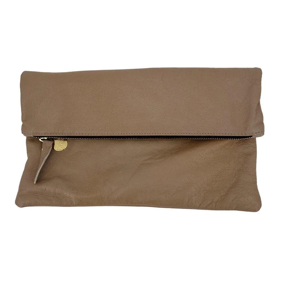 Clare V Fold-Over Leather Clutch in Taupe