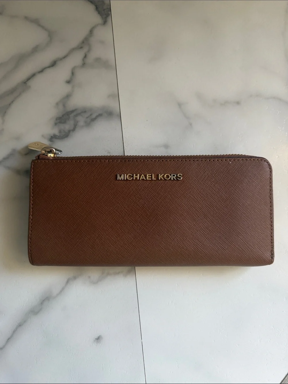 Michael Kors Brown Saffiano Zip Around Wallet with Gold Logo