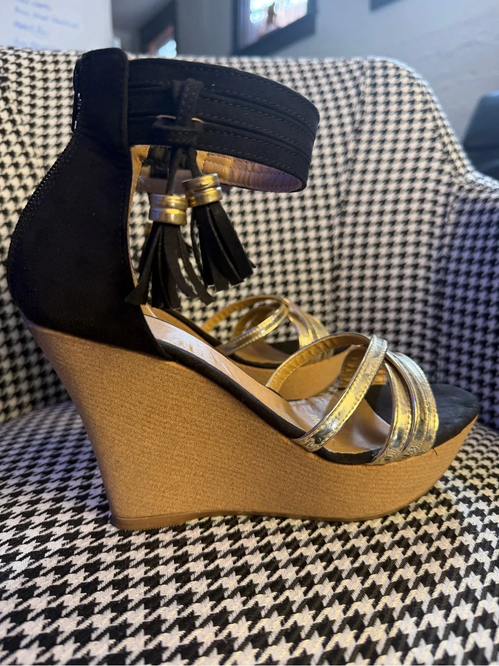 Black and Gold Wedge Sandals with Ankle Tassel