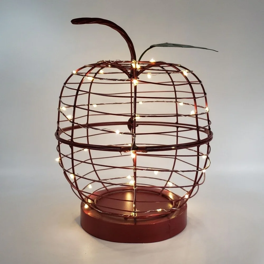 Decorative Red Metal Wire Apple Fairy Lights Hinged Farmhouse Rustic Country