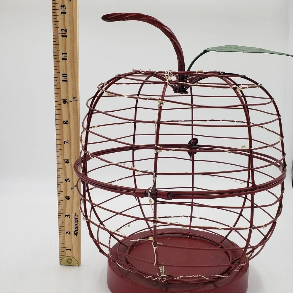 Decorative Red Metal Wire Apple Fairy Lights Hinged Farmhouse Rustic Country