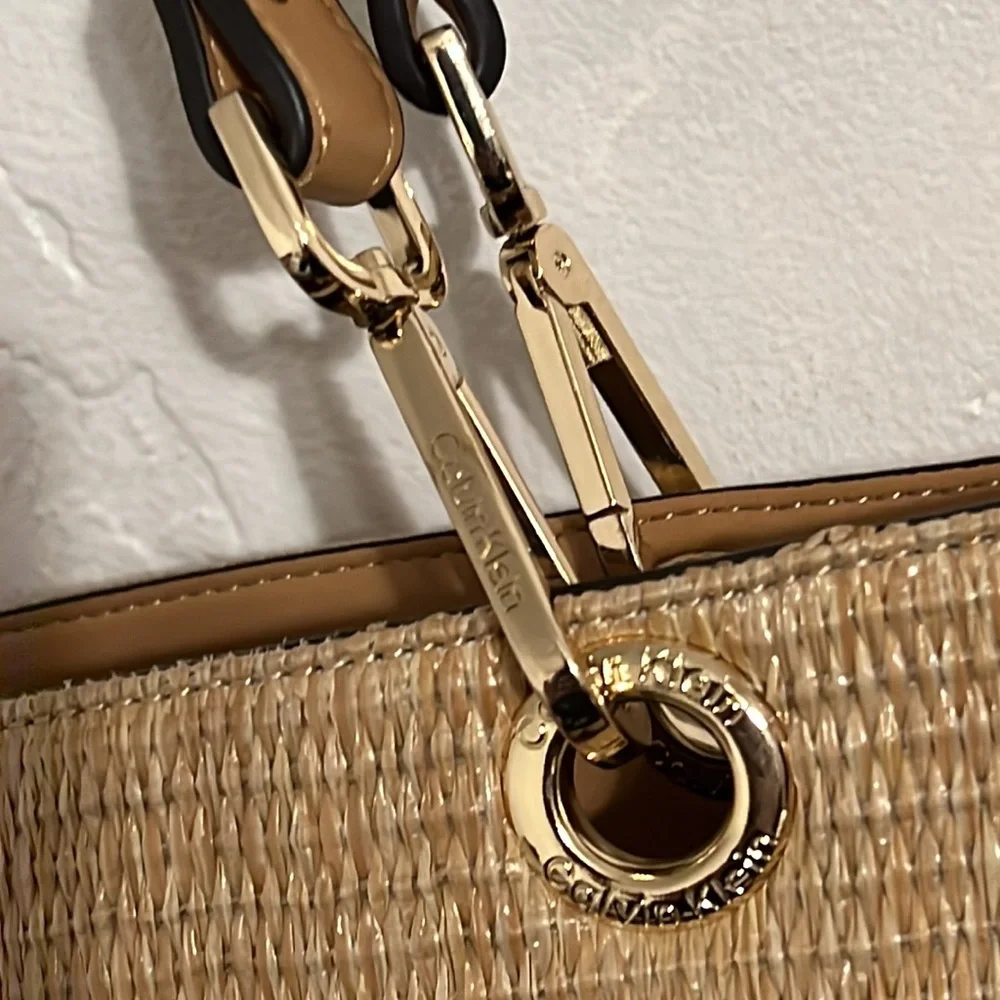 Calvin Klein Beige Straw Tote with Ivory CK Logo Panel
