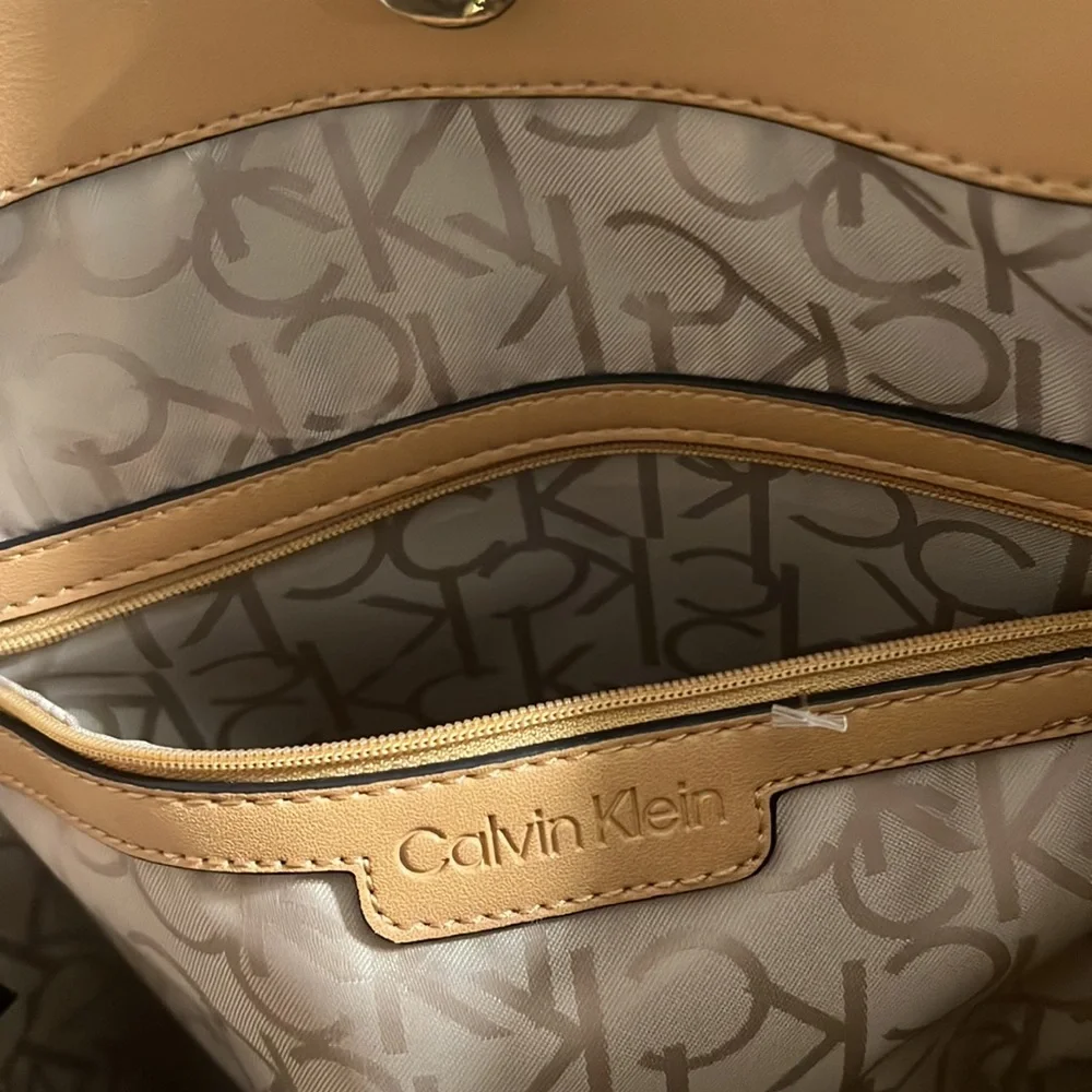 Calvin Klein Beige Straw Tote with Ivory CK Logo Panel