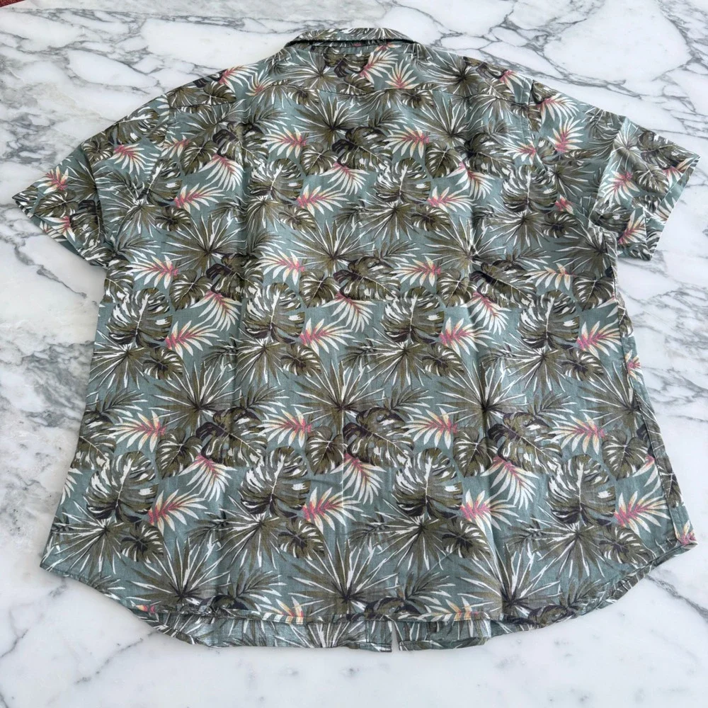 Banana Republic Mens XL Slim Fit Linen Tropical Palm Leaf Print Shirt Green