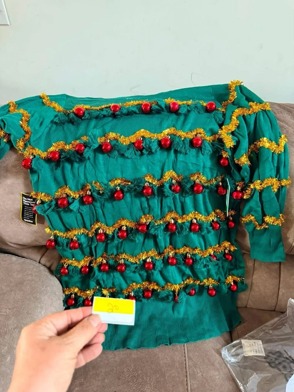 Tipsy Elves Green Sweater with Gold Tinsel and Red Ornaments