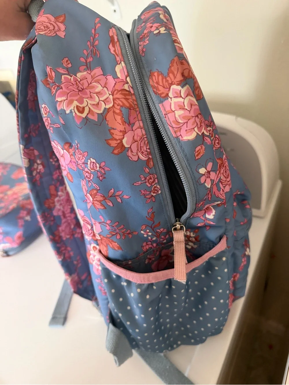 Matilda Jane Blue Floral Backpack with Pink Rose Print and Matching Lunch Bag