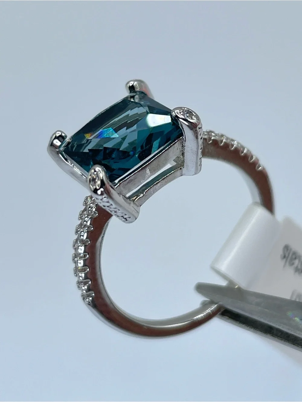 Swarovski Crystal Elements Teal Blue Princess Cut Solitaire Ring Sz 6