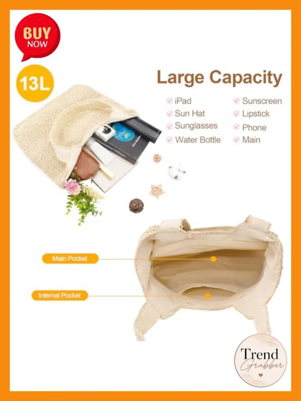 Boho Straw Beach Tote With Leak-Proof Lining Shoulder Bag