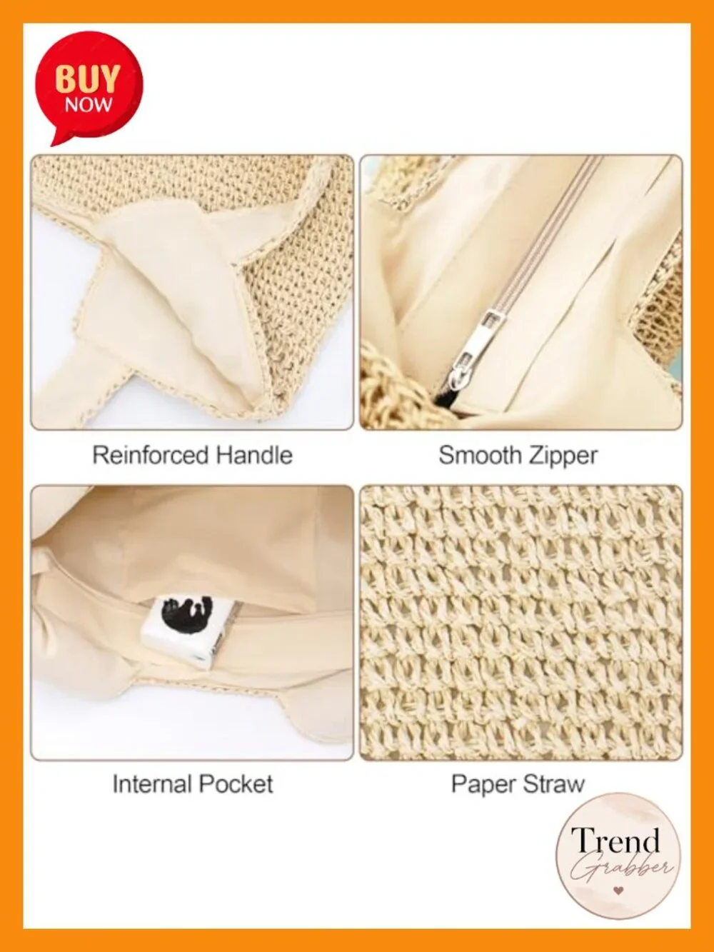 Boho Straw Beach Tote With Leak-Proof Lining Shoulder Bag