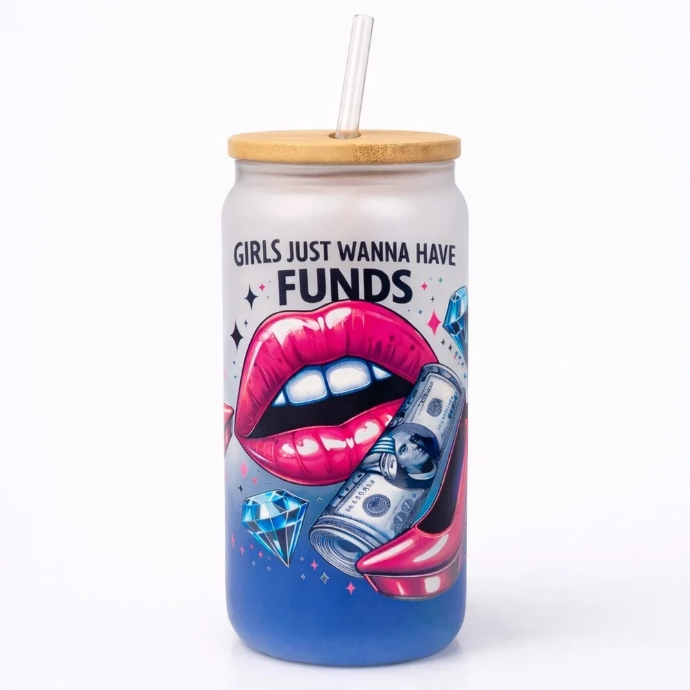 Stylish Blue and Pink Ombré 16 oz Tumbler with “Girls Just Wanna Have Funds”