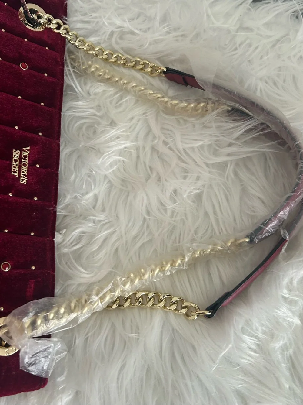 Victoria’s Secret Burgundy Velvet Tote Bag Gold Chain Shoulder Purse