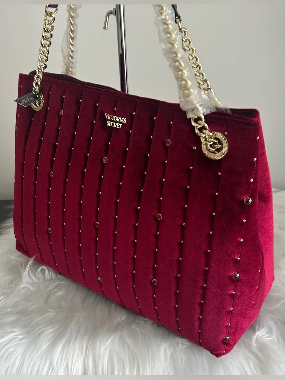 Victoria’s Secret Burgundy Velvet Tote Bag Gold Chain Shoulder Purse