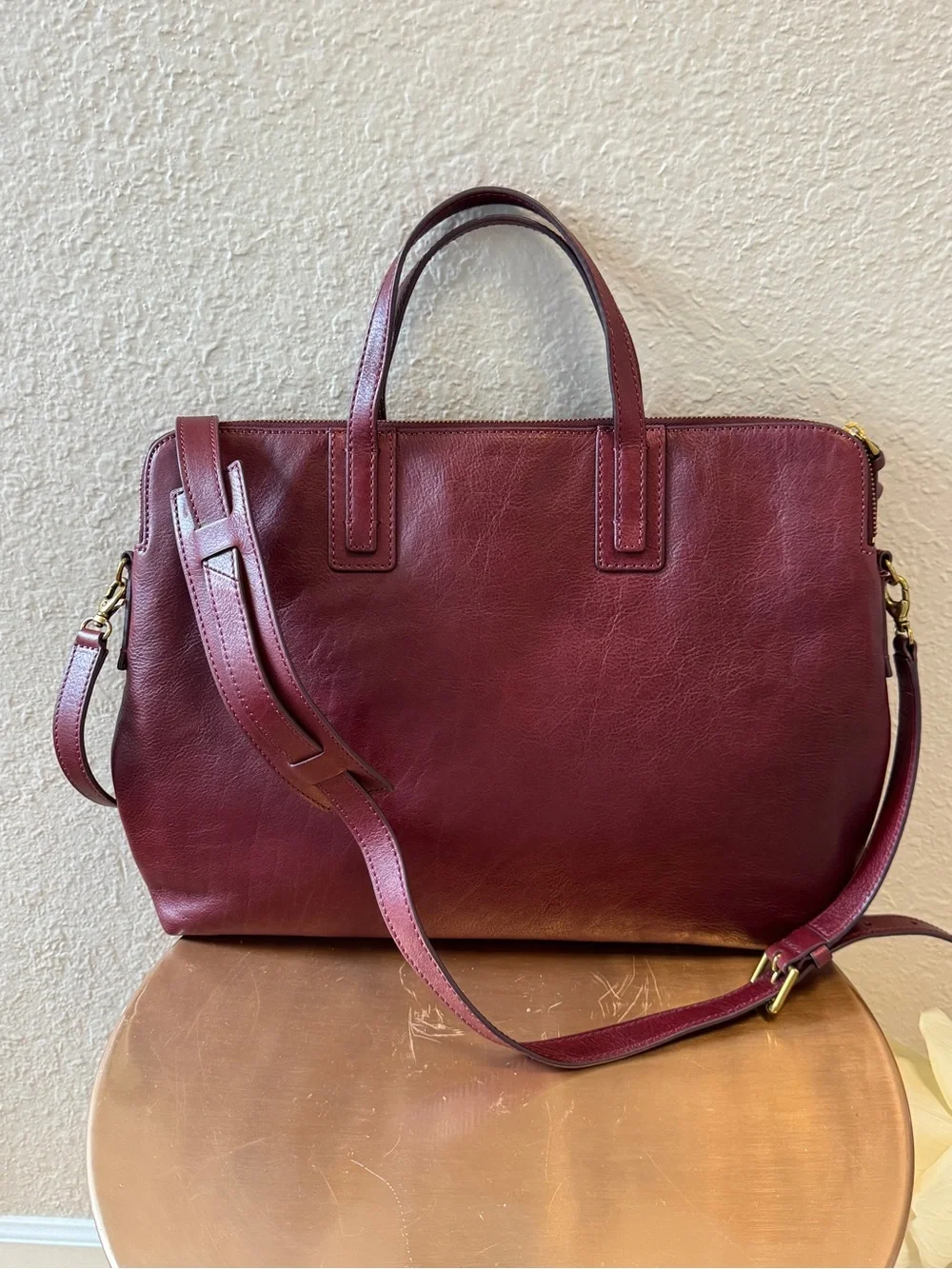 Women’s Structured Leather Fossil Briefcase in Burgundy