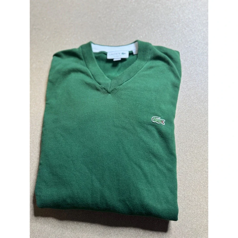 Lacoste Classic Fit V-Neck Knit Sweater Mens M‎ Green Crocodile Logo Pullover