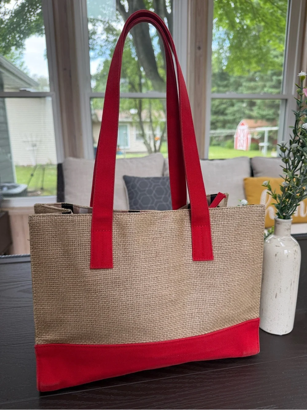 DKNY City Straw Canvas Tote Bag Red & Natural Large Shoulder Bag