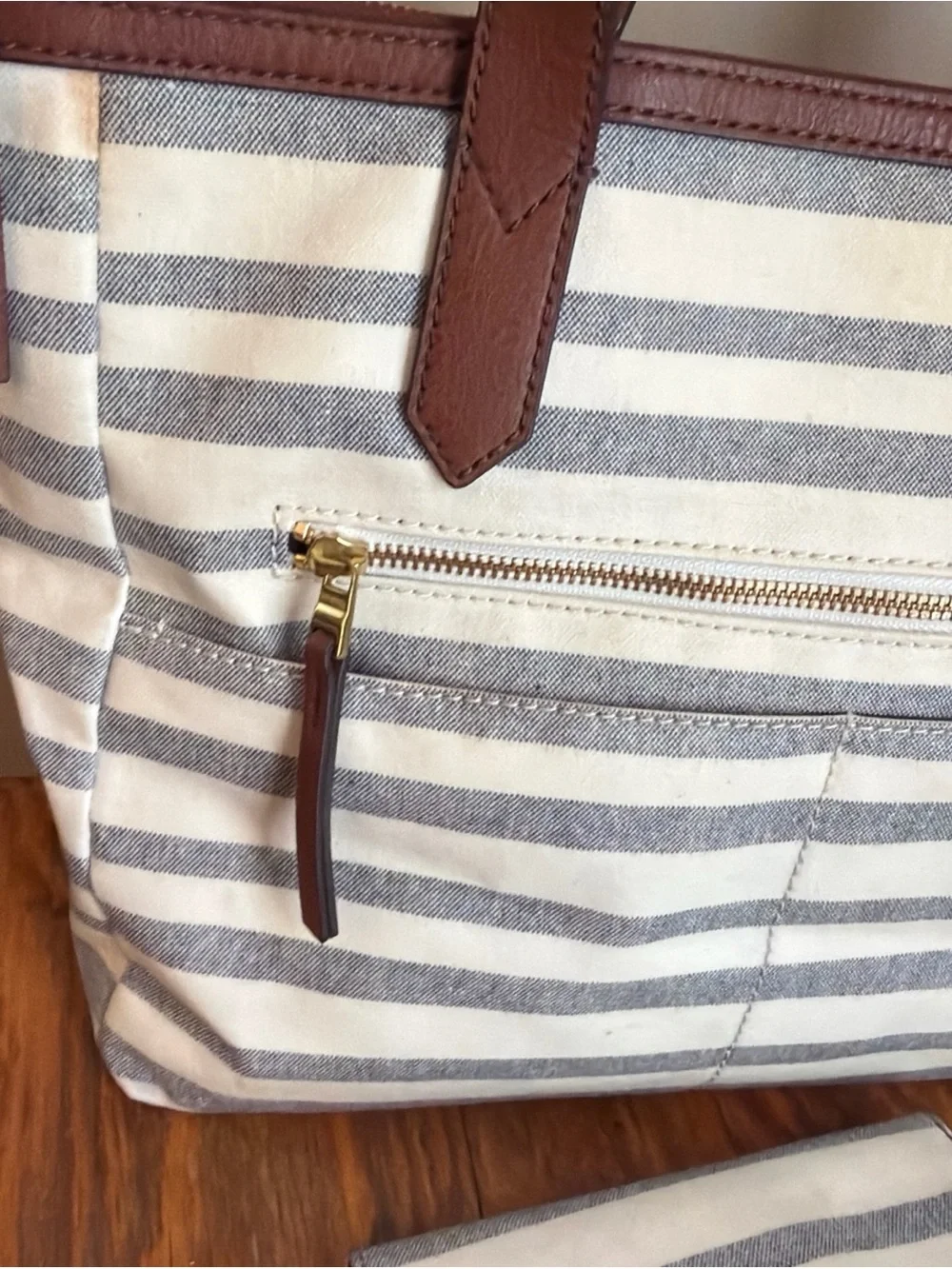 Fossil Fiona Shopper Tote Striped Coated Canvas Shoulder Bag Matching Wallet