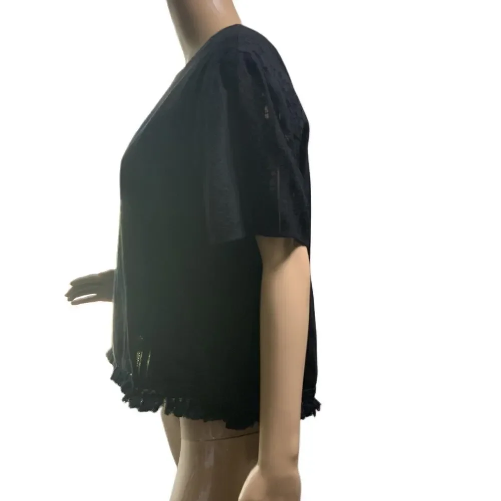 Michael Kors Black Lace‎ Cotton Fringe Hem Short Sleeve Blouse Size Large
