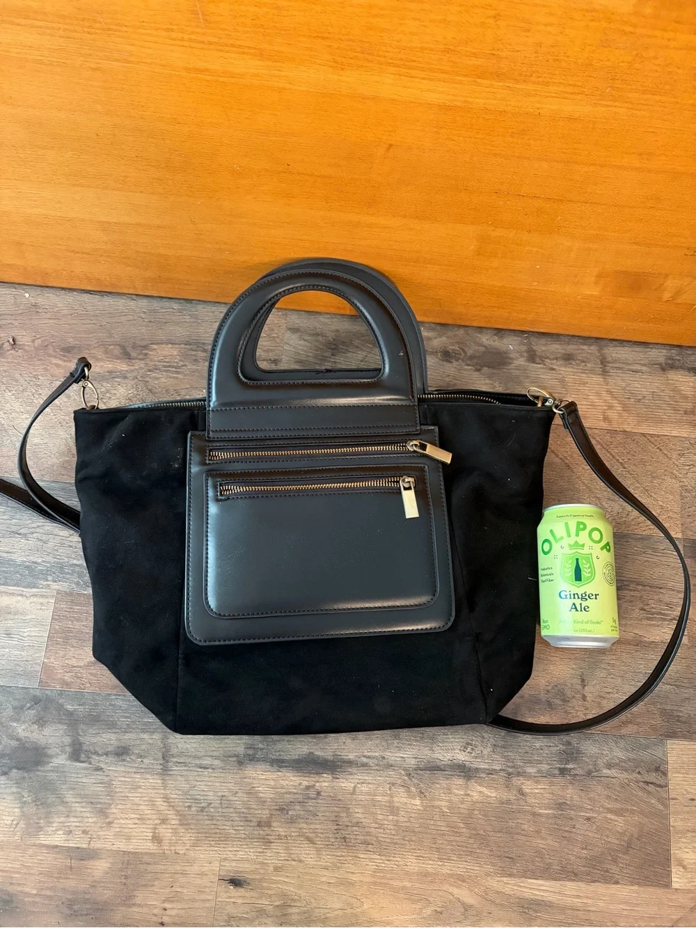 Anthropologie Black Suede & Leather Tote with Top Handles and Crossbody Strap