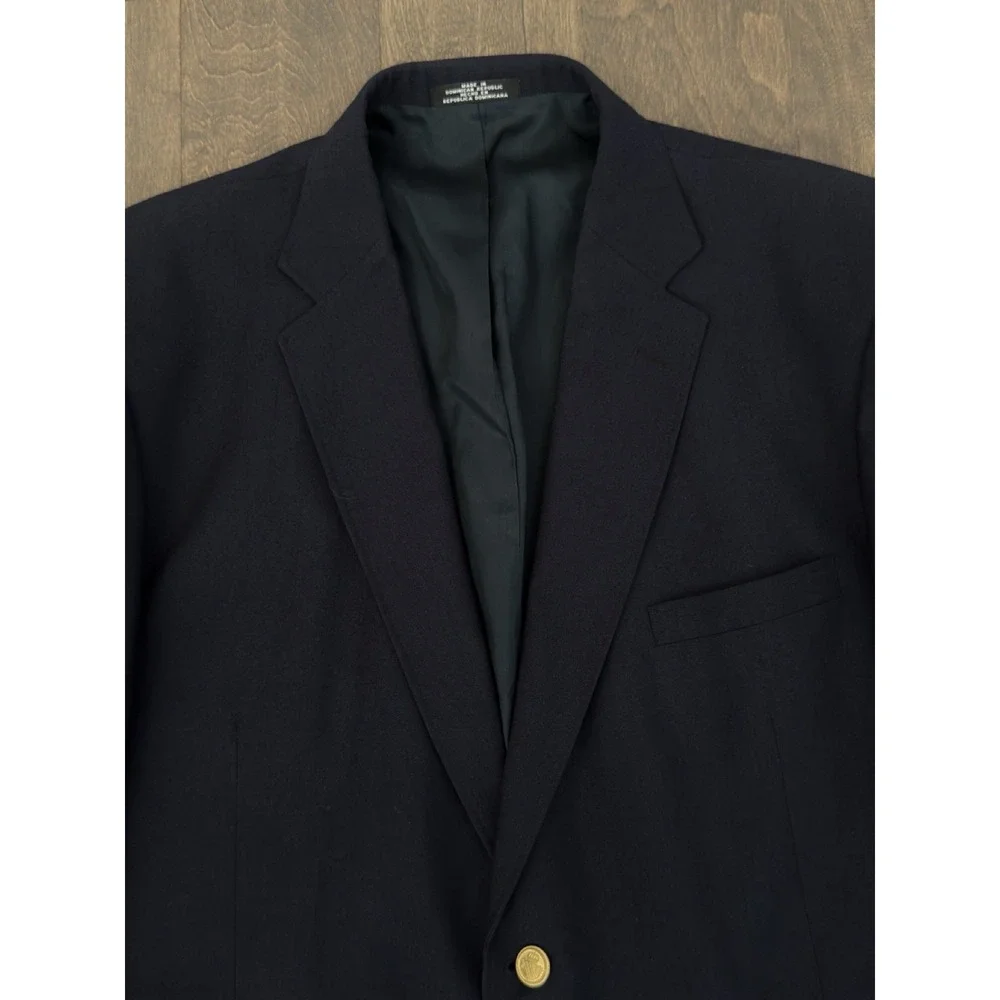 David Taylor Navy Sport Coat Gold Buttons Size 46L Preppy Navy Blazer Wool Blend
