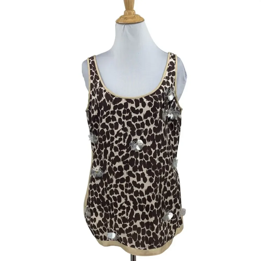 J Crew Tank Top Womens 6 Champagne Espresso Silk Cheetah Sparkle Appliqué Lined