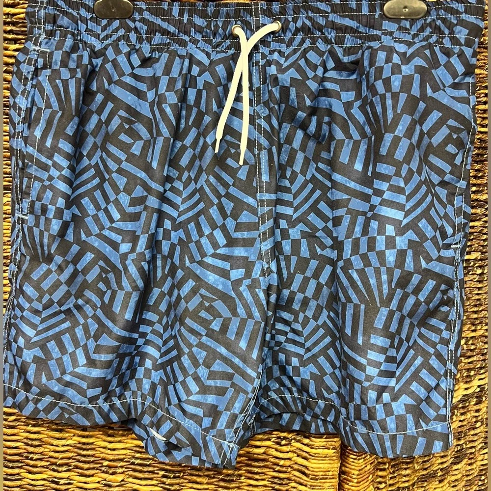Trunks- Men's Blue Geometric Swim Shorts, Size:‎ Large