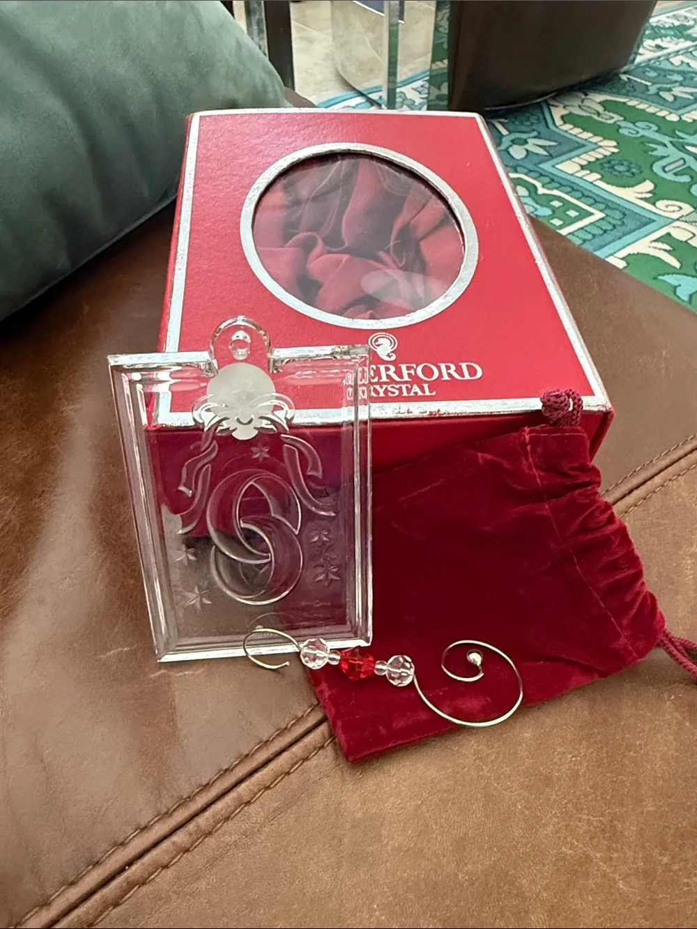 NWT Waterford Crystal Clear Ornament with Red Accents and Velvet Pouch