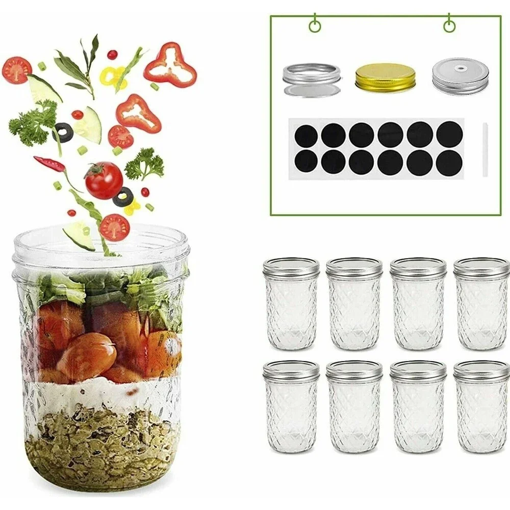 Set of 8 Mason Jars Set w/ Lids Quilted Crystal Jars, 16oz Glass Canning Jars