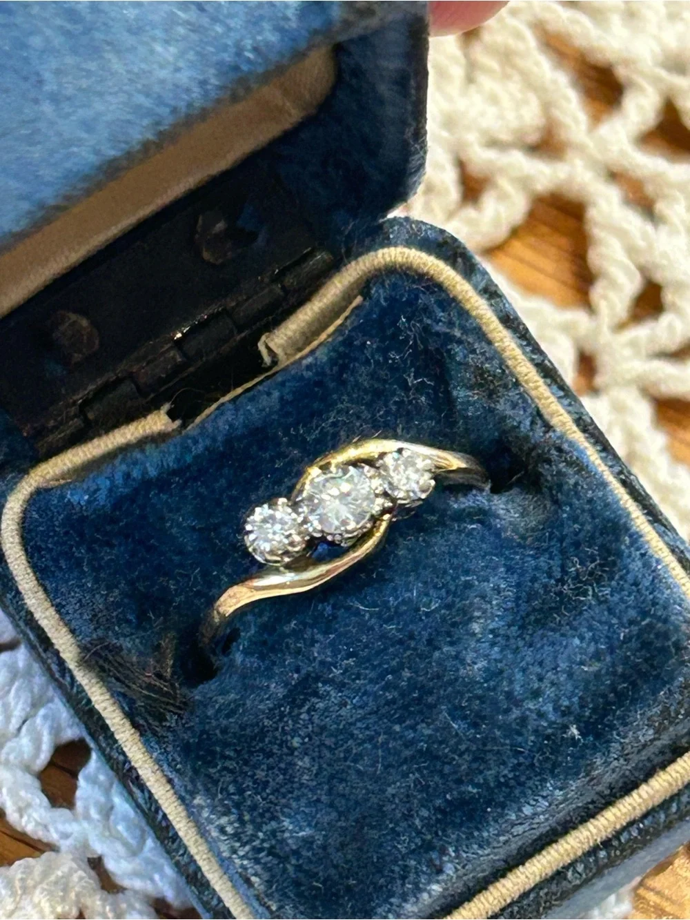Antique 18k YG & platinum natural diamond trilogy ring approx .58tcw size 6