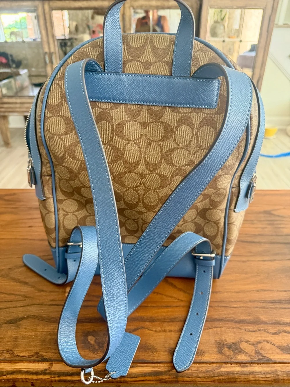 Coach Brown Signature Canvas Backpack with Blue Trim