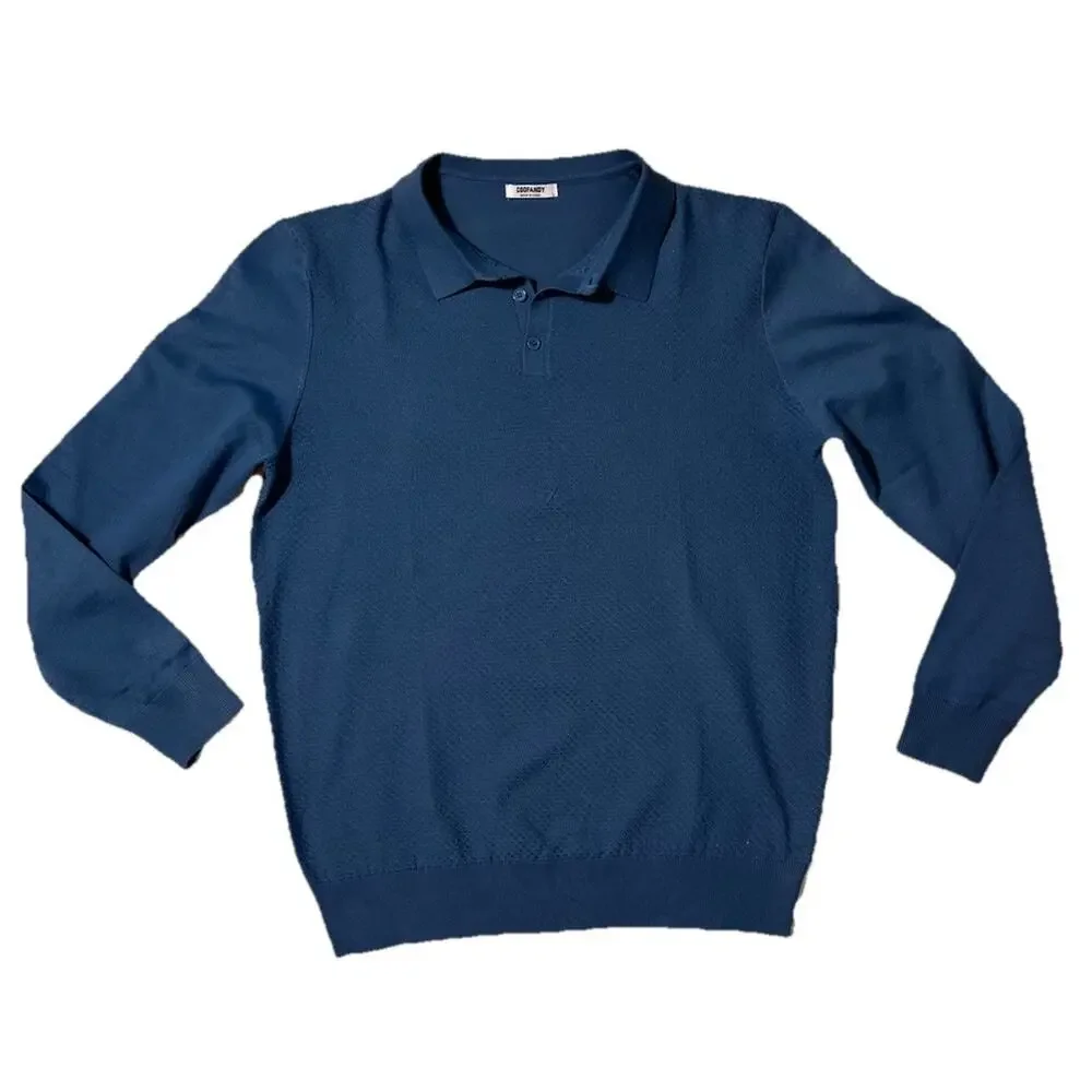 Men’s Blue‎ Long Sleeve Collared Knit Polo Sweater Textured Front Size Large