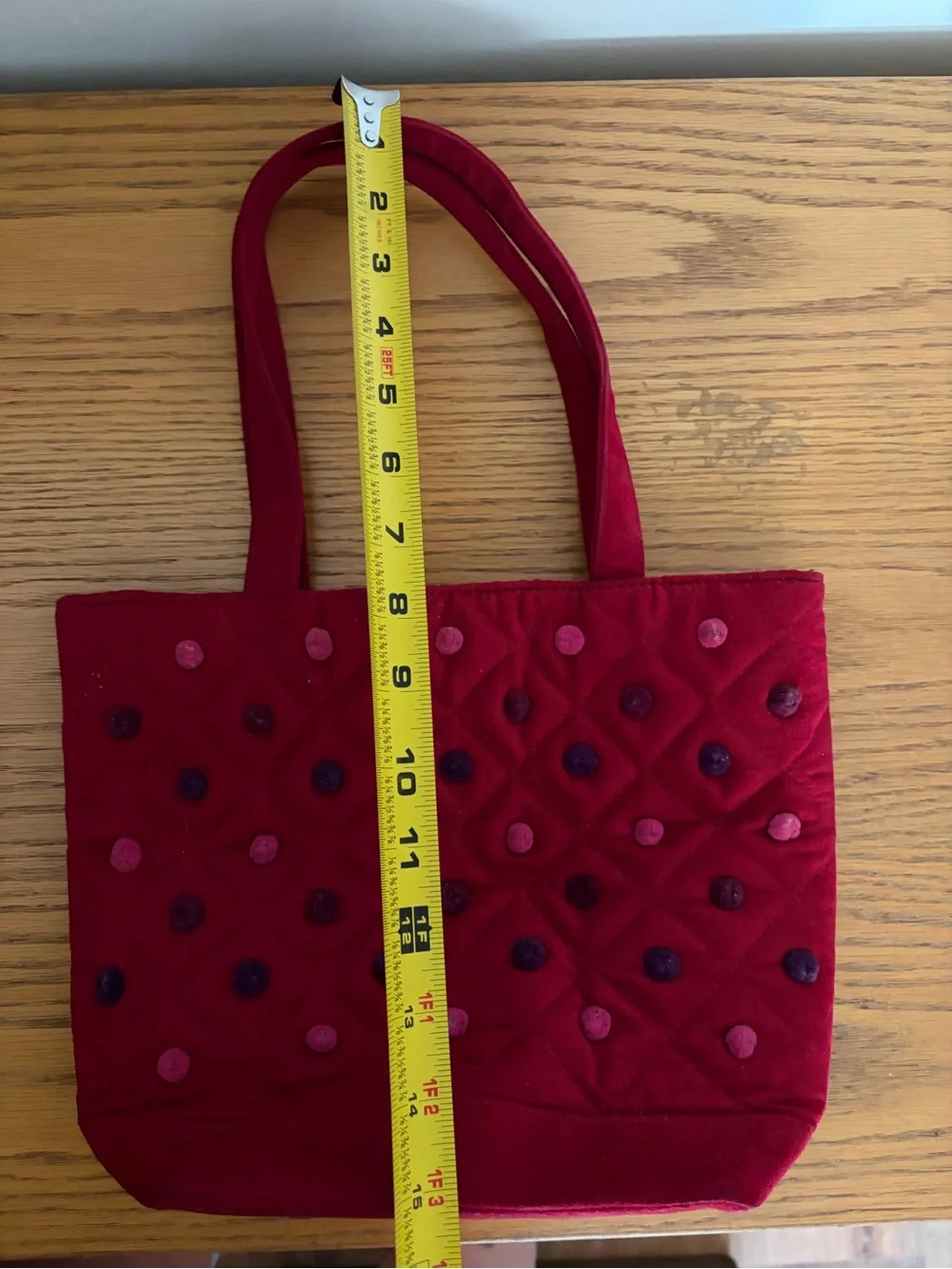 Red Quilted Velvet Pom Pom Dot Tote Bag - Y2K Bath & Body Works