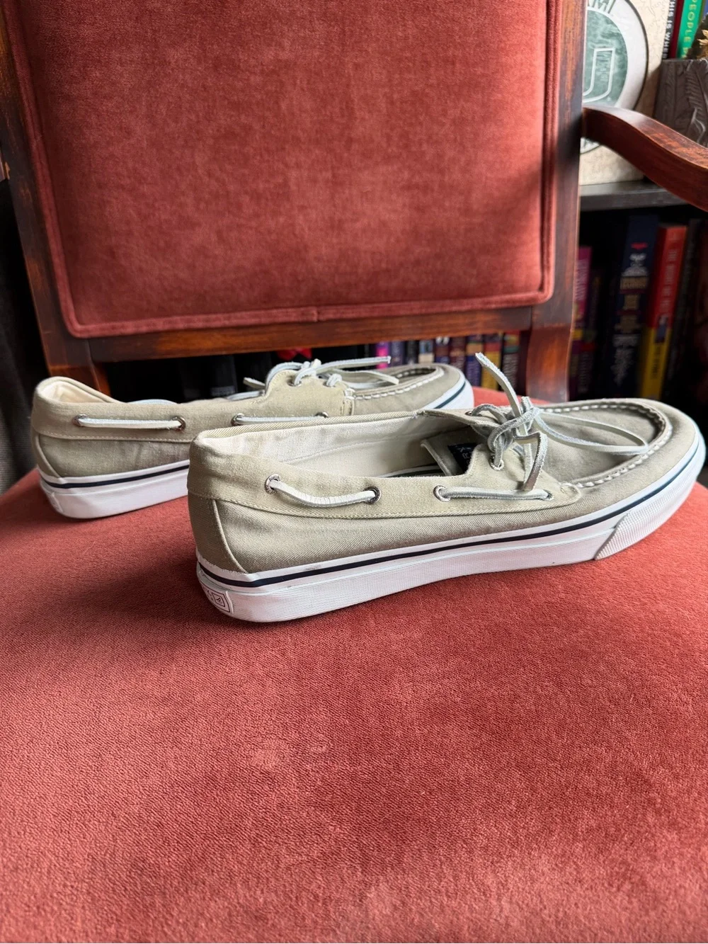 Men’s Sperry top slider canvas boat shoes in khaki.