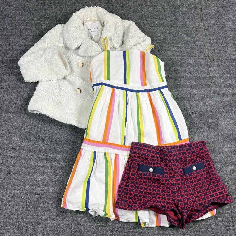 Lot Of  3 Janie And Jack Girls Clothes Size 3/4 Teddy Coat,‎ Dress, And Shorts