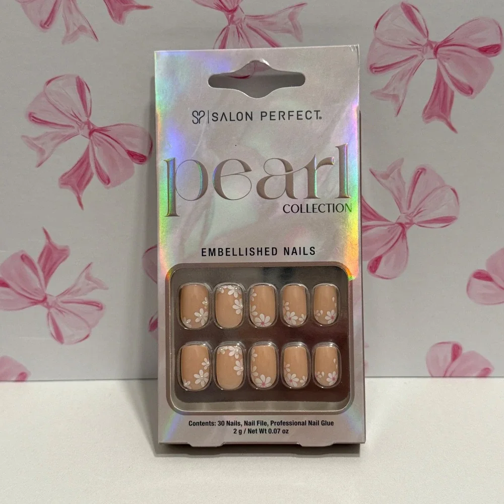 Salon‎ Perfect Pearl Collection Embellished Nails Nude White Floral 30ct New