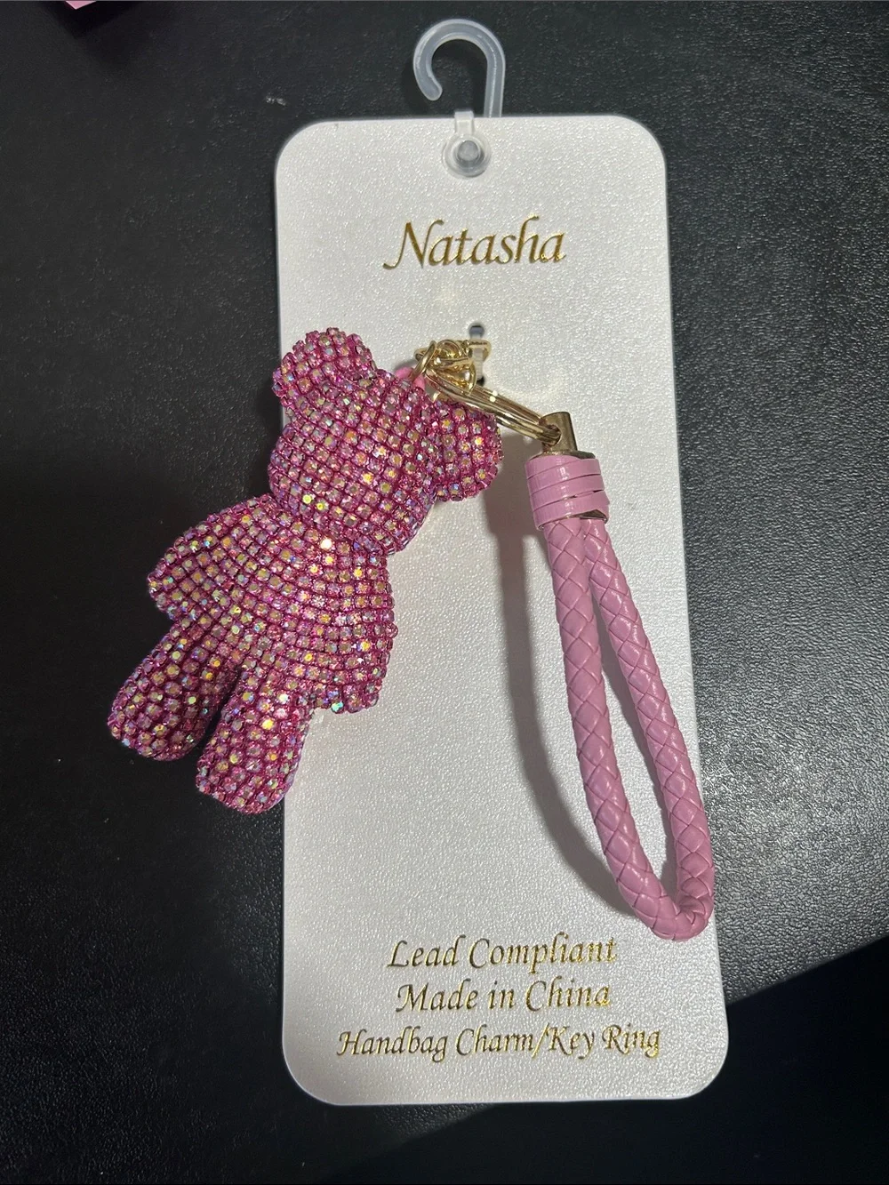 Natasha Couture Pink Crystal Teddy Bear Keychain with Gold Hardware