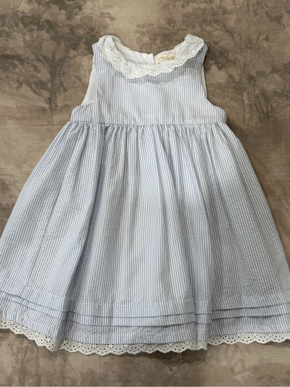 Classic Blue Seersucker Lace-Trim Kids Dress