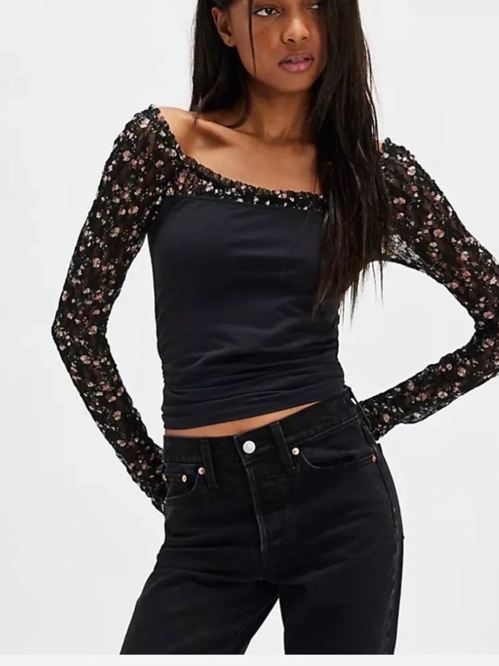 Free People Black Floral Mesh Long Sleeve Square Neck Top
