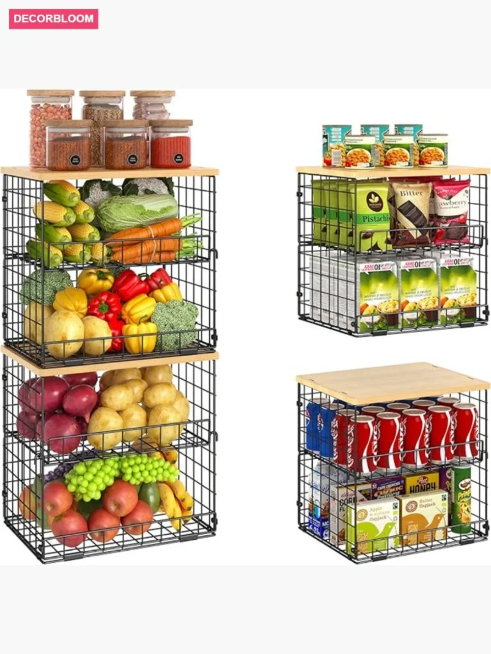 4 Pack Stackable Wire Baskets with Wooden Top for Kitchen Storage