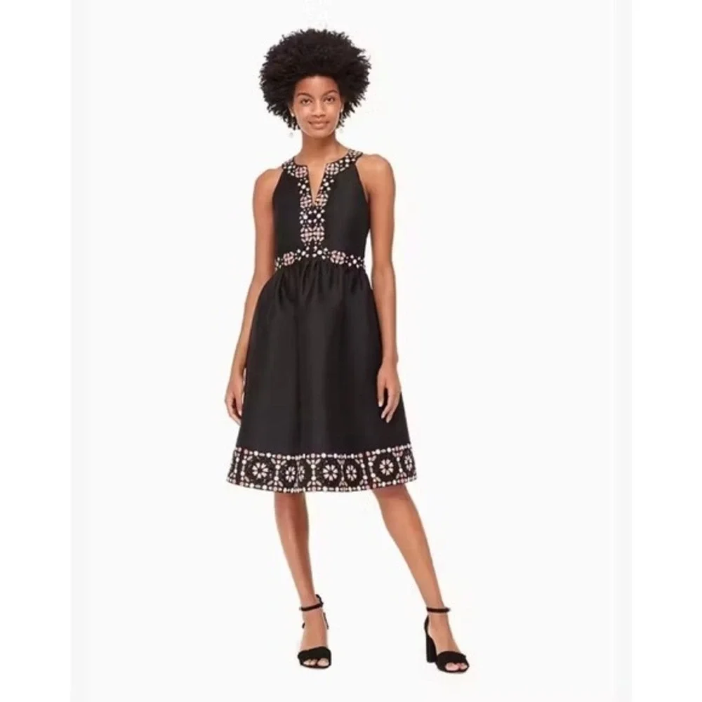 KATE SPADE Black Mosaic Embellished Embroidered Midi Dress Fit N' Flare Size 0‎