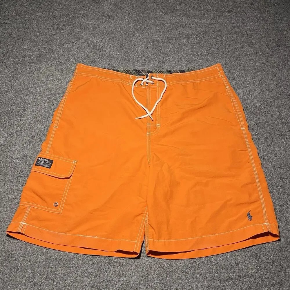 Vintage Polo Ralph Lauren Swim Shorts Mens Large Orange Lined Trunks Pony Logo