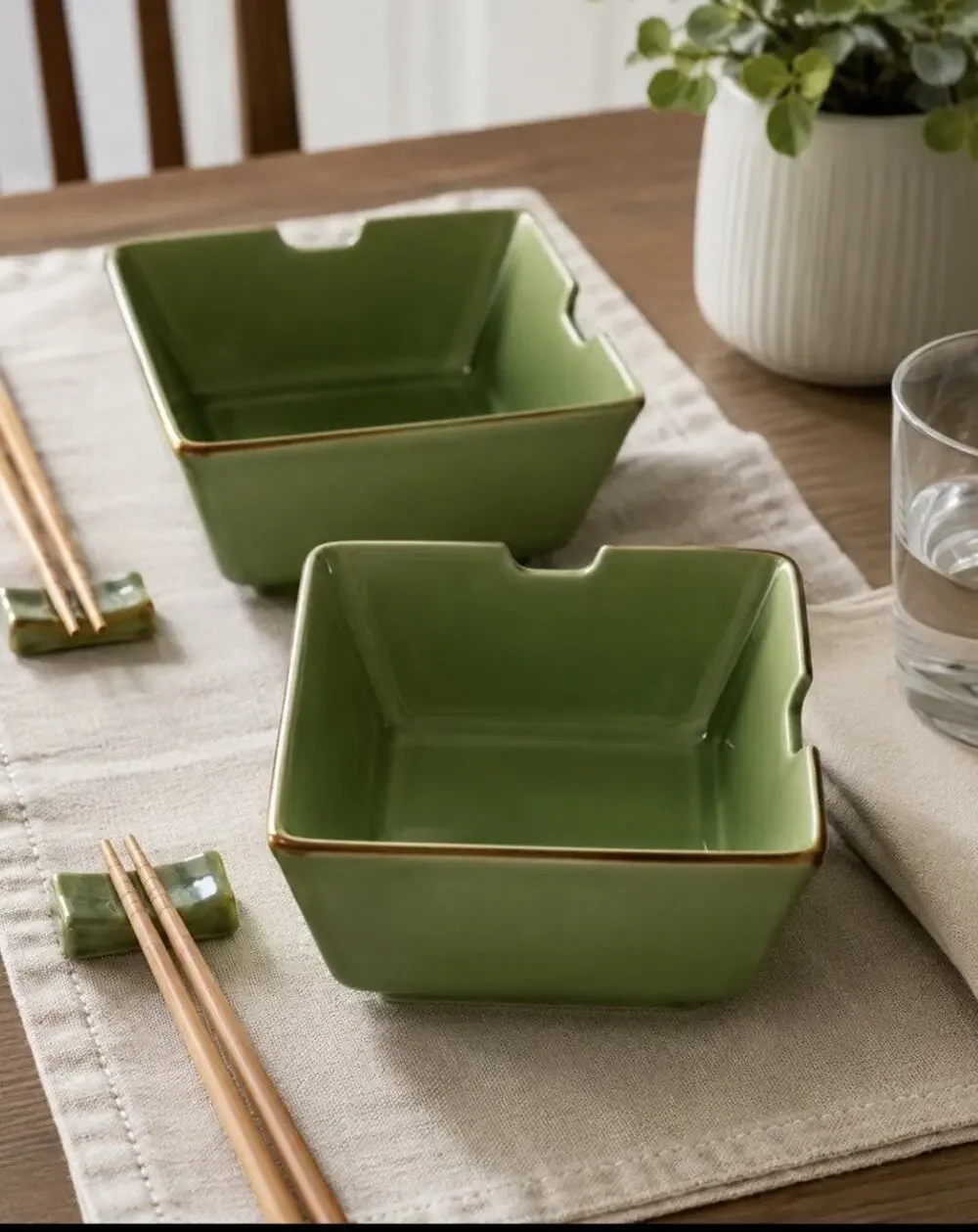 Pottery Barn Square Ramen Rice Noodle Bowl 6” Notch For Chopsticks Green