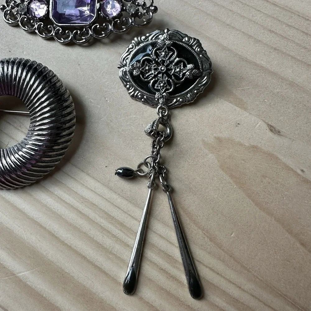 3 Vintage Brooch Pins Geometric Rhinestones Silver Tone Fashion‎ Jewelry Lot