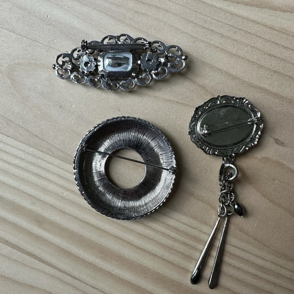 3 Vintage Brooch Pins Geometric Rhinestones Silver Tone Fashion‎ Jewelry Lot