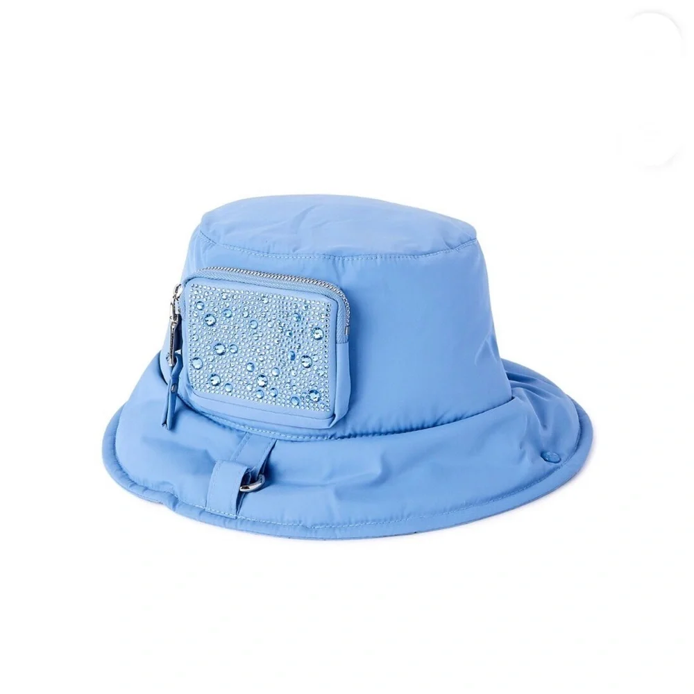 Cute bejeweled bling Blue Puffer‎ Bucket Hat with zippered pocket new