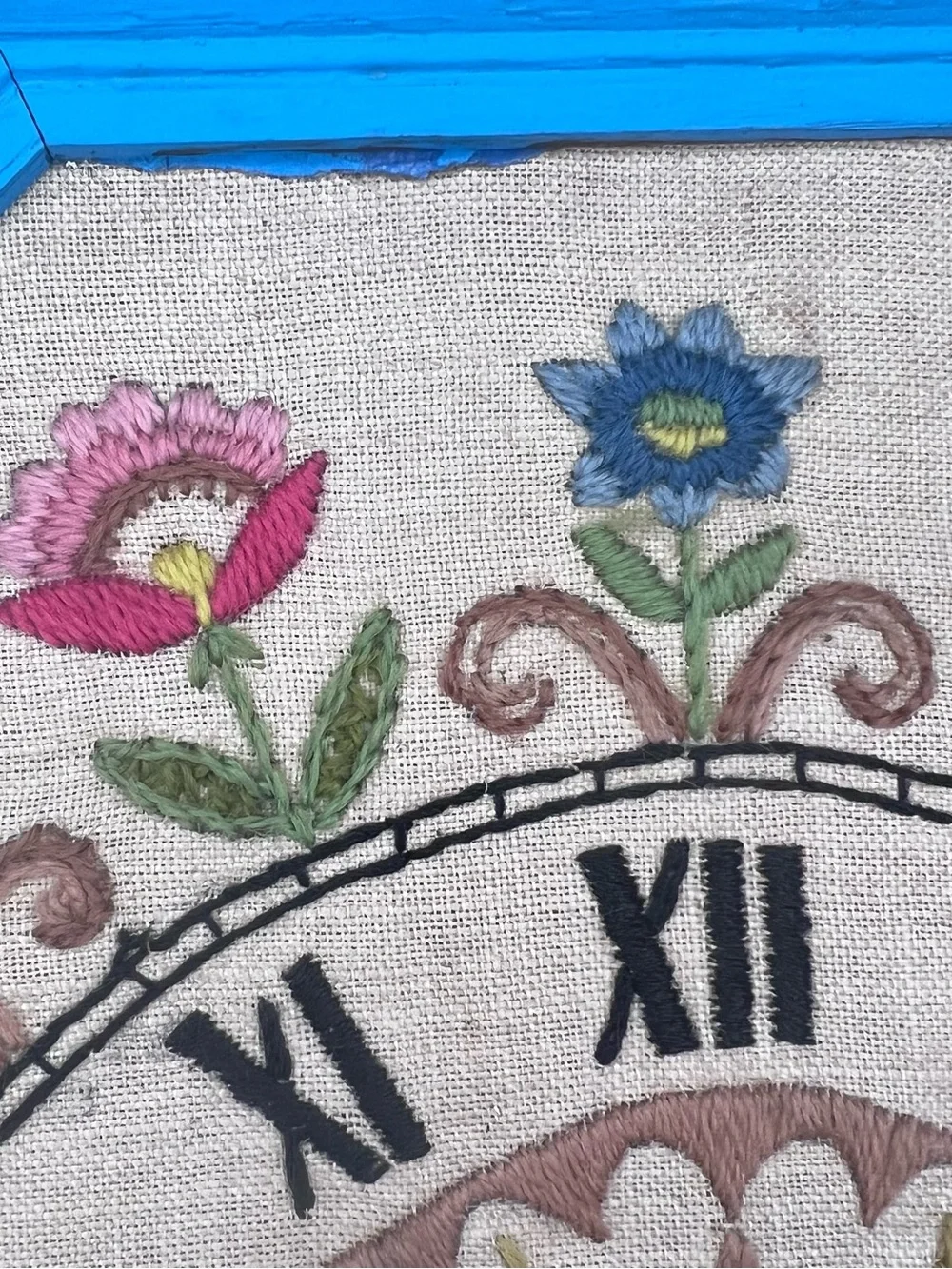 Vintage Needlepoint Handmade Floral Wall Clock with Roman Numbers 14x2