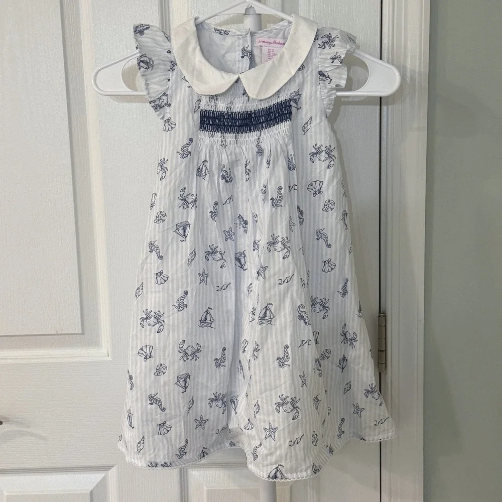 Tommy Bahama Girls Nautical Smocked Dress Blue White Stripe Size 5 Preppy